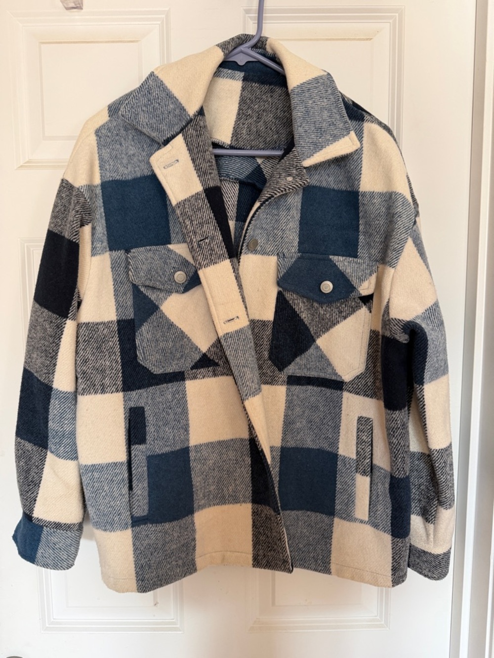 SHEIN Navy and Cream Plaid Utility Jacket